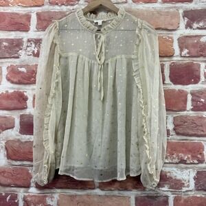 Anthropologie Blu Pepper Top Womens M Cream Gold Metallic Chic Stars Sheer Shirt